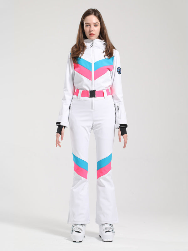 Women's Gsou Snow Retro Belted V Striped Flare Ski Jumpsuit