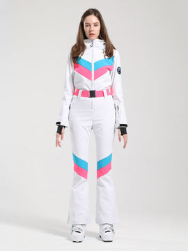 Women's Gsou Snow Retro Belted V Striped Flare Ski Jumpsuit