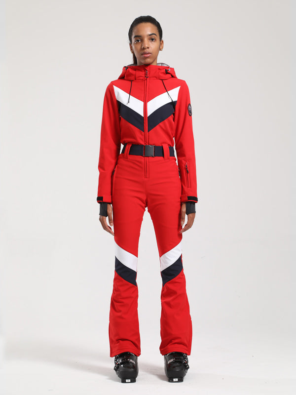 Women's Gsou Snow Retro Belted V Striped Flare One Piece Jumpsuit Snowsuit