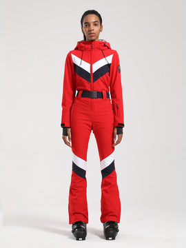 Women's Gsou Snow Retro Belted V Striped Flare One Piece Jumpsuit Snowsuit