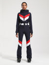 Women's Gsou Snow Retro Belted V Striped Flare One Piece Jumpsuit Snowsuit