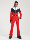 Women's Gsou Snow Retro Belted Color-Blocked Flare One Piece Jumpsuit Snowsuit